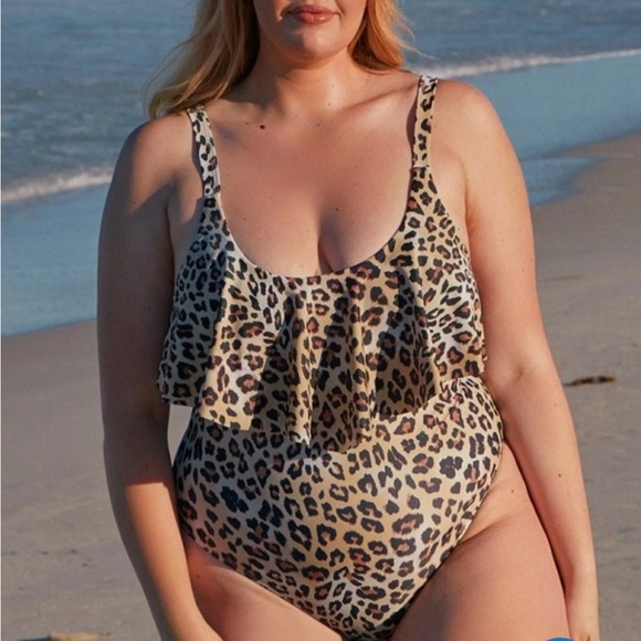 NEW Popvil Plus Size Ruffle Leopard Printed Brown One-piece Swimsuit - Picture 2 of 10
